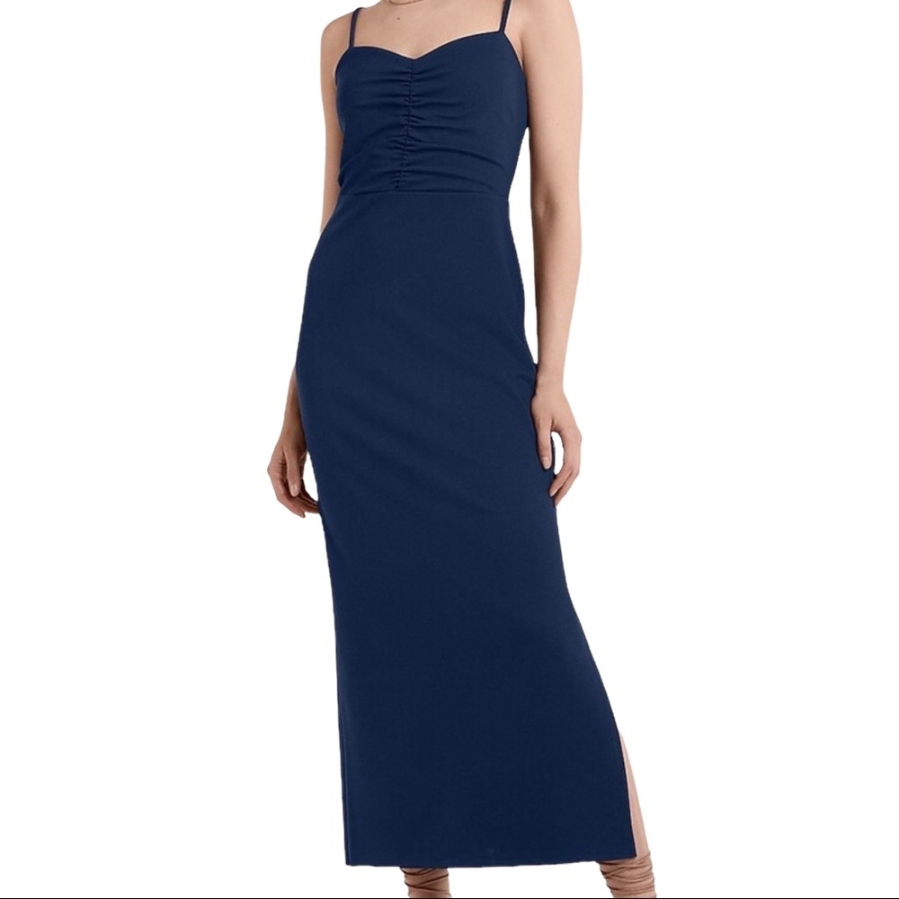 Express ruched bodice maxi formal dress spaghetti straps side slit Navy …